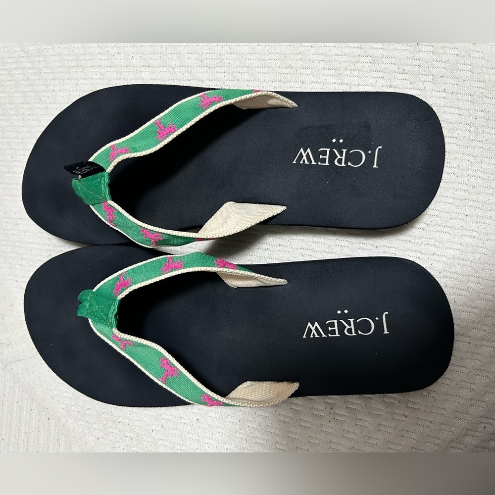 J. Crew Blue navy  Sandals with Green and Pink Accents
